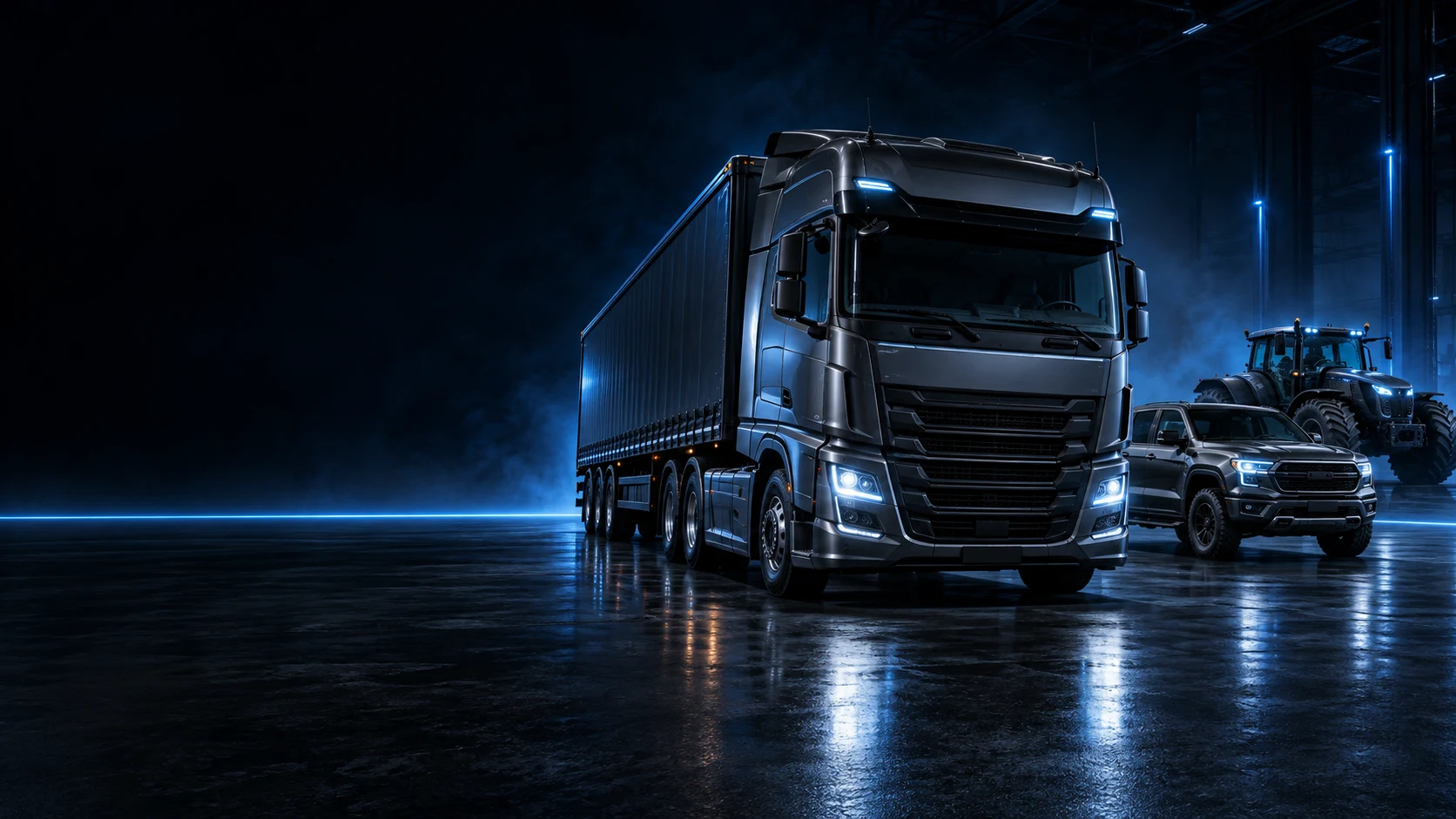 Caminhão diesel em ambiente industrial noturno